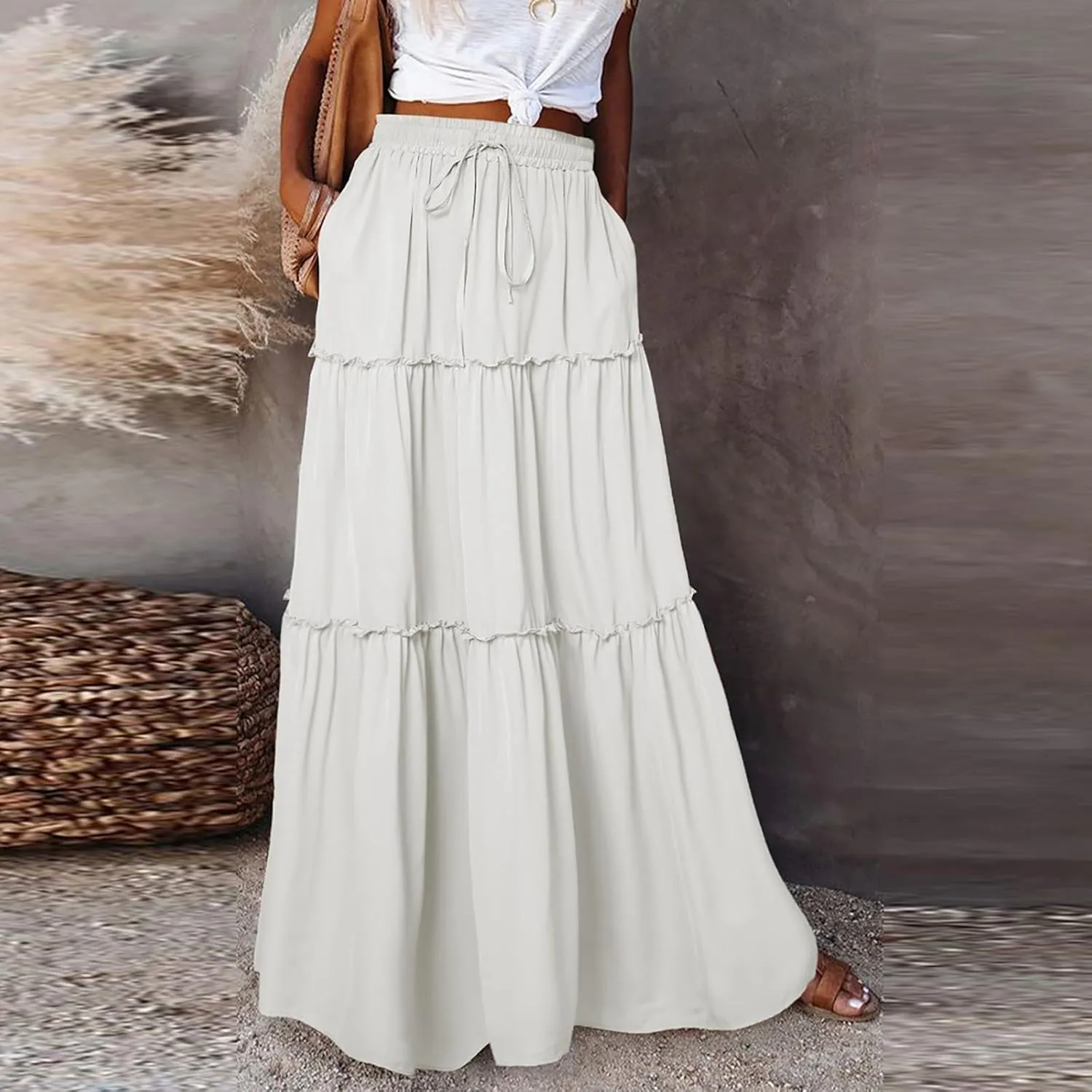 2025 Flowy Maxi Skirts for Women, Trendy Vacation Casual High Waisted Boho Long Skirt
