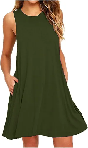 2025 Women Casual Pockets Sundress Sleeveless Loose Tank Mini Dress Swing Flowy Beach Sundresses Vacation Outfits