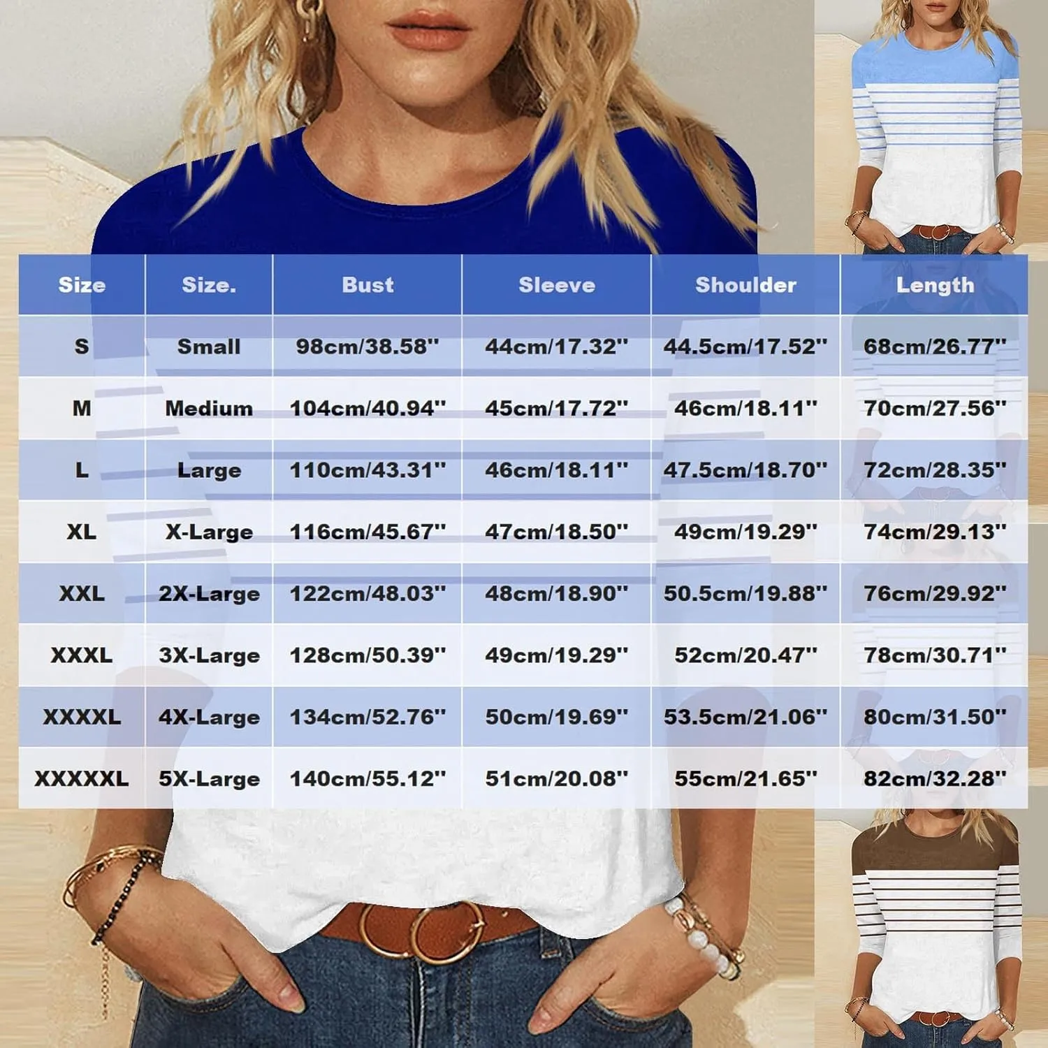 3/4 Length Sleeve Womens Tops Summer Three Quarter Striped Shirts Plus Size Trendy Casual Loose Fit Soft Blouse Tees