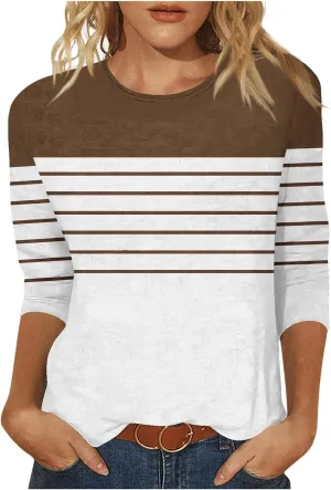 3/4 Length Sleeve Womens Tops Summer Three Quarter Striped Shirts Plus Size Trendy Casual Loose Fit Soft Blouse Tees