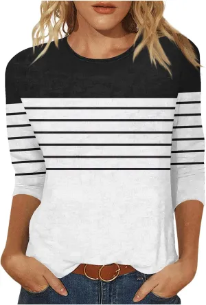 3/4 Length Sleeve Womens Tops Summer Three Quarter Striped Shirts Plus Size Trendy Casual Loose Fit Soft Blouse Tees