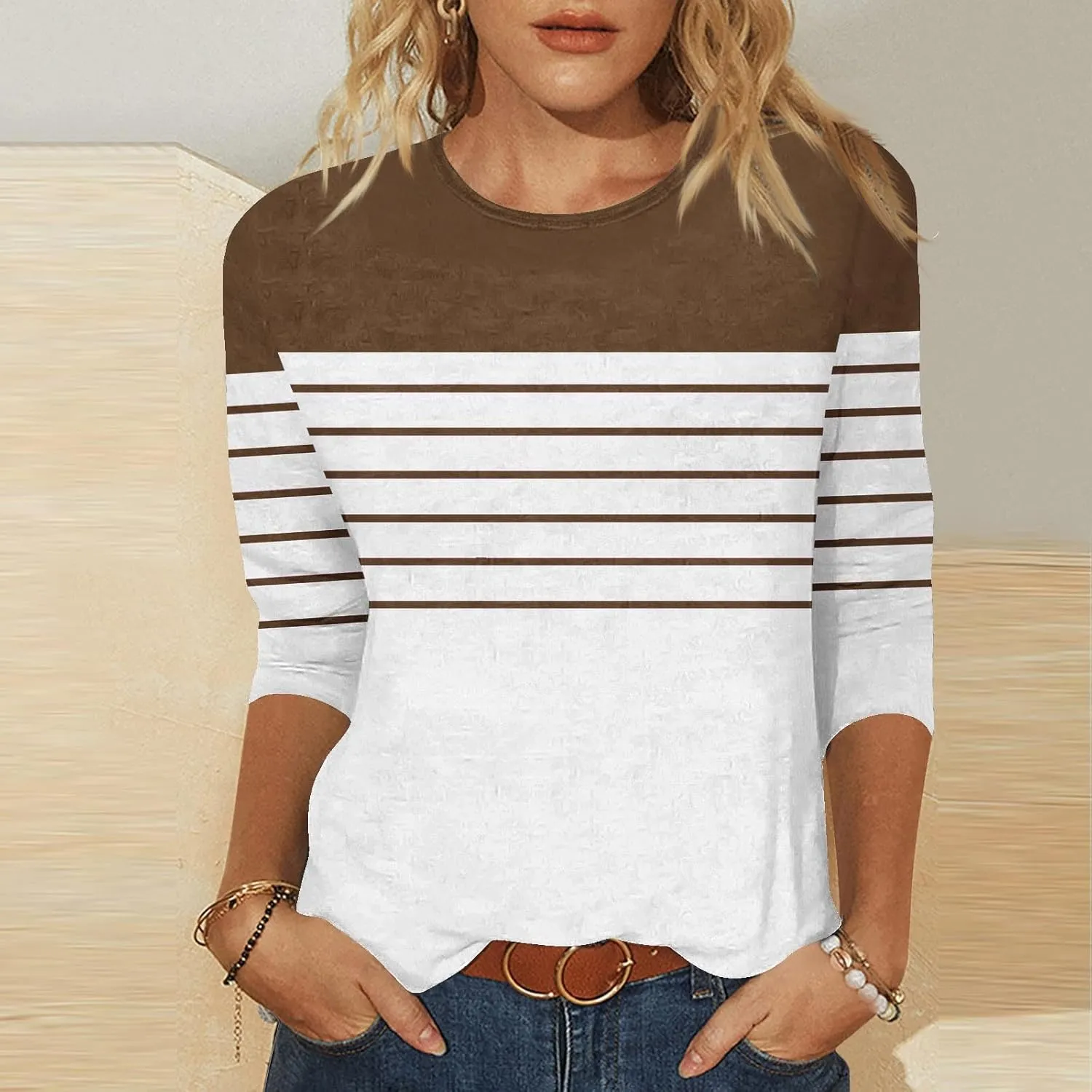 3/4 Length Sleeve Womens Tops Summer Three Quarter Striped Shirts Plus Size Trendy Casual Loose Fit Soft Blouse Tees