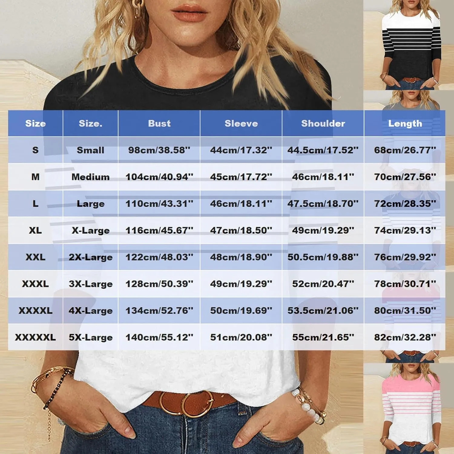 3/4 Length Sleeve Womens Tops Summer Three Quarter Striped Shirts Plus Size Trendy Casual Loose Fit Soft Blouse Tees