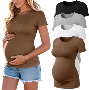 4 Pack Women's Athletic Maternity T-Shirts,Short Sleeve Yoga Gym Pregnancy Tops Casual Summer Crew Neck Tees Blouse