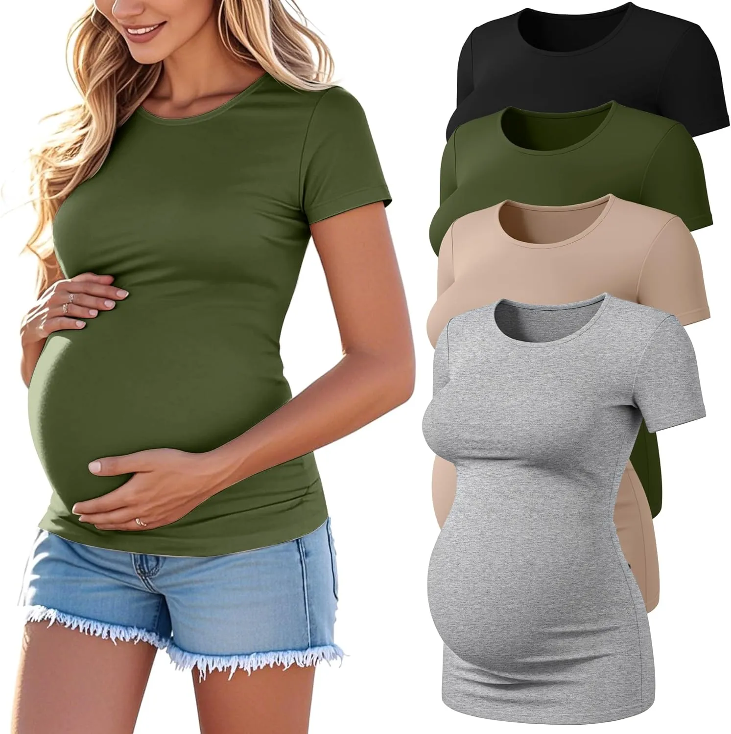 4 Pack Women's Athletic Maternity T-Shirts,Short Sleeve Yoga Gym Pregnancy Tops Casual Summer Crew Neck Tees Blouse