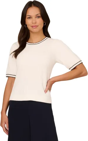 Adrianna Papell Women's Crew Neck Cable Scalloped Edge Tipped Short Sleeve Sweater