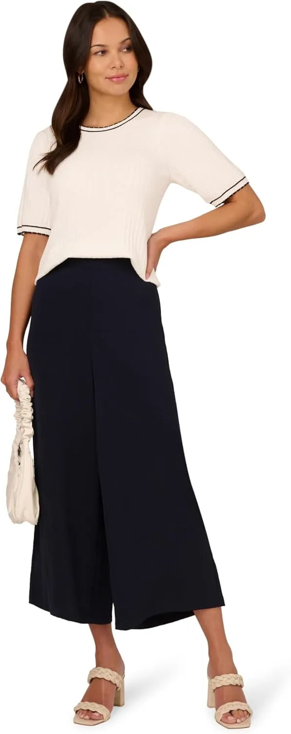 Adrianna Papell Women's Crew Neck Cable Scalloped Edge Tipped Short Sleeve Sweater