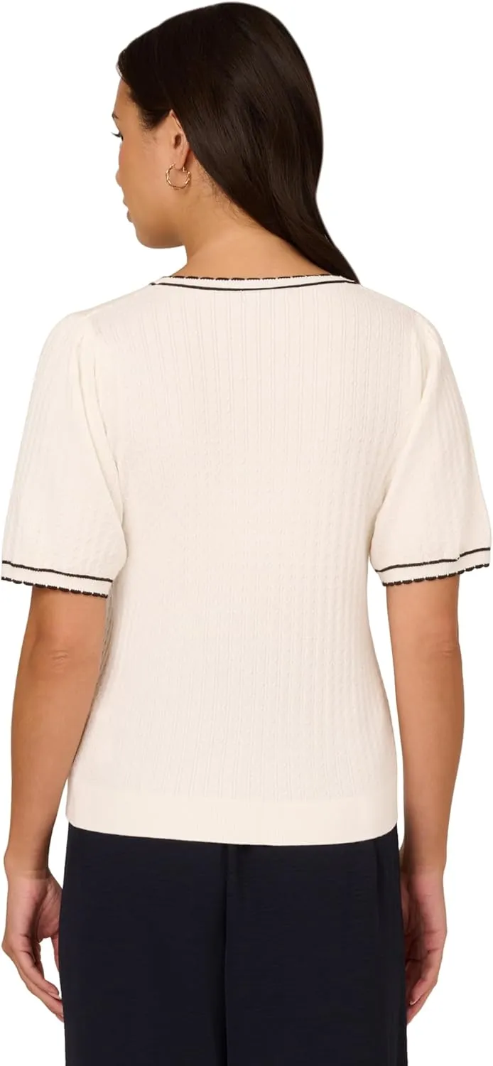 Adrianna Papell Women's Crew Neck Cable Scalloped Edge Tipped Short Sleeve Sweater