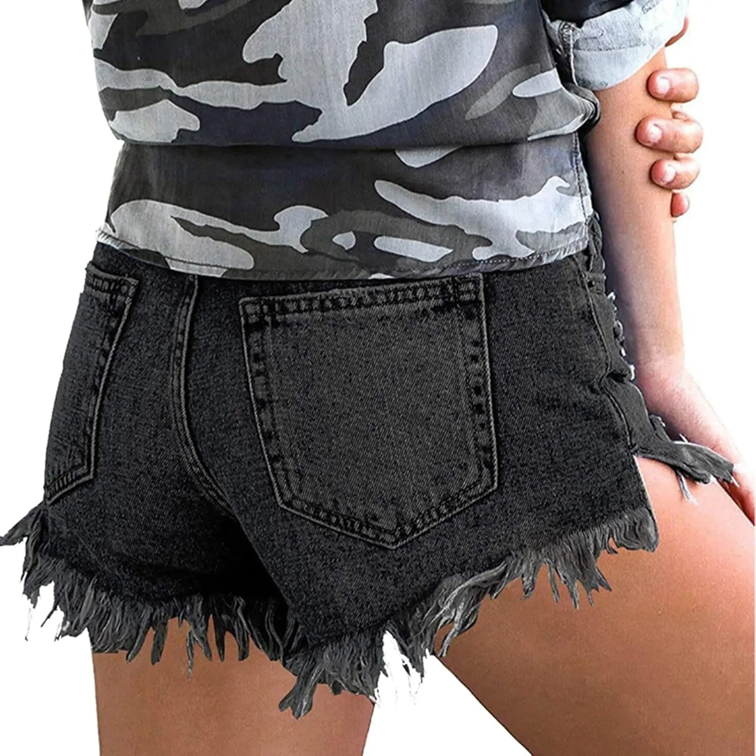 Akklian Women Casual Ripped High Waisted Denim Shorts Stretchy Frayed Raw Hem Jean Shorts Summer Distressed Jeans with Pocket