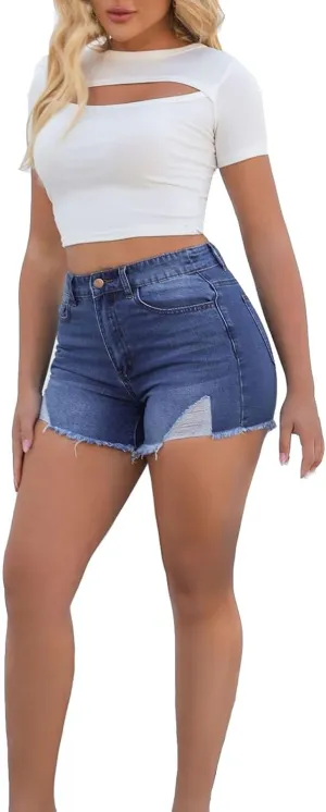 Askedwayu Lady Solid Color Washed Ripped High Waisted Stretch Denim Shorts Womens Active Shorts