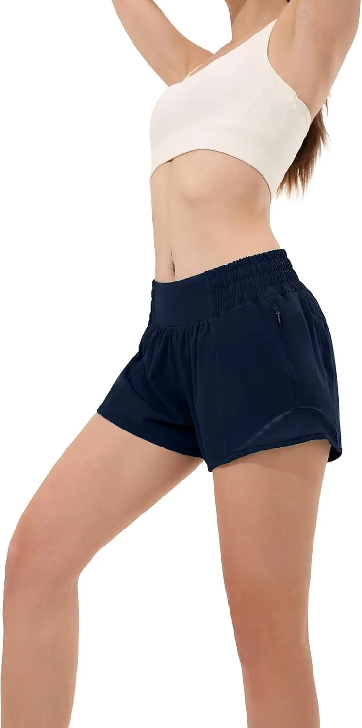 Aurefin High Waisted Athletic Shorts for Women, Womens Plus Size Running Workout Shorts with Liner and Zip Pocket 4 inch