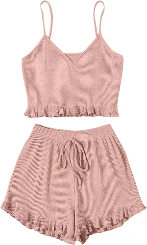 Avanova Women Sexy 2 Piece Pajama Set Ruffle Trim Cami Top and Shorts Sleepwear Set