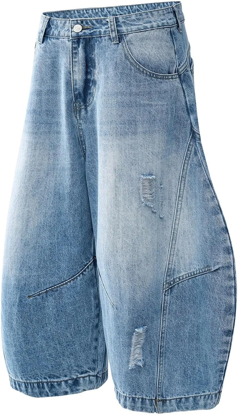 Baggy Jean Shorts for Men Casual Loose Fit Hip Hop Long Denim Shorts Trendy Outfits