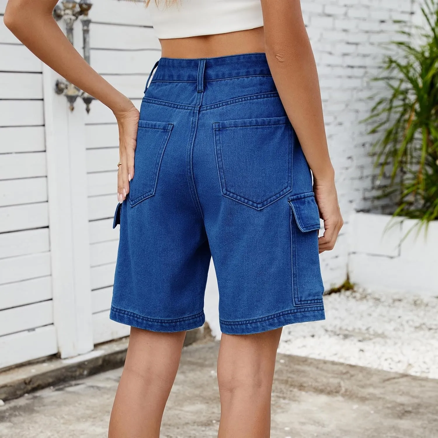 Bermuda Shorts for Women Casual High Waisted Jeans Pants Button Down Straight Leg Shorts with Pockets