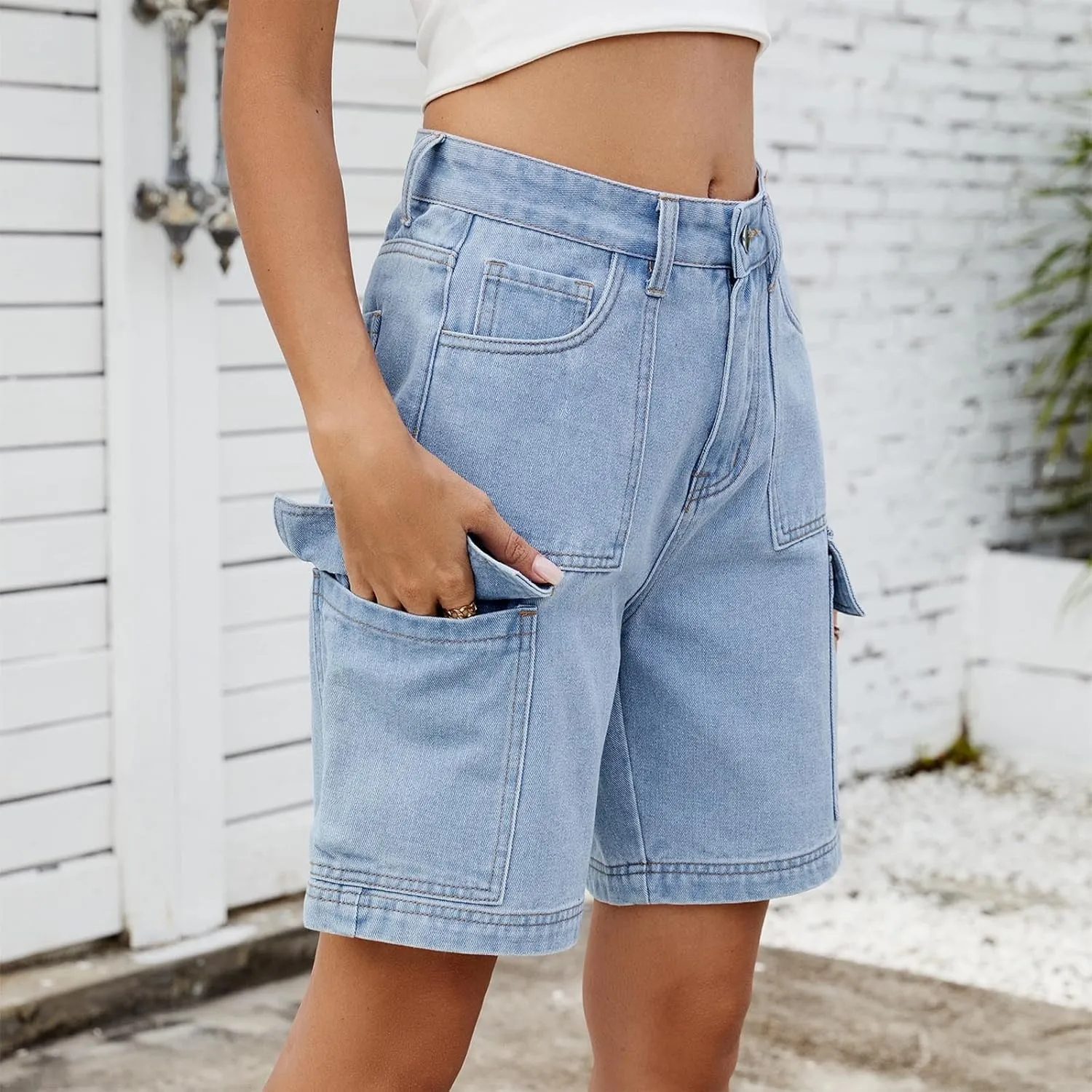 Bermuda Shorts for Women Casual High Waisted Jeans Pants Button Down Straight Leg Shorts with Pockets