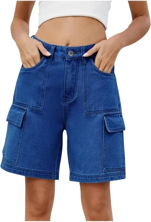 Bermuda Shorts for Women Casual High Waisted Jeans Pants Button Down Straight Leg Shorts with Pockets