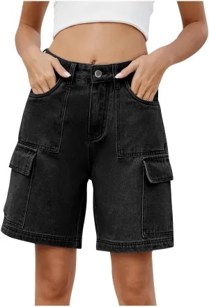 Bermuda Shorts for Women Casual High Waisted Jeans Pants Button Down Straight Leg Shorts with Pockets