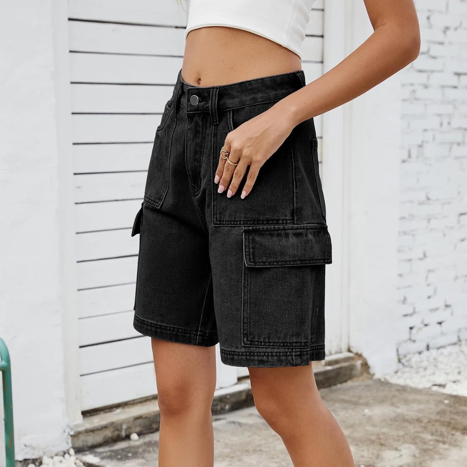 Bermuda Shorts for Women Casual High Waisted Jeans Pants Button Down Straight Leg Shorts with Pockets