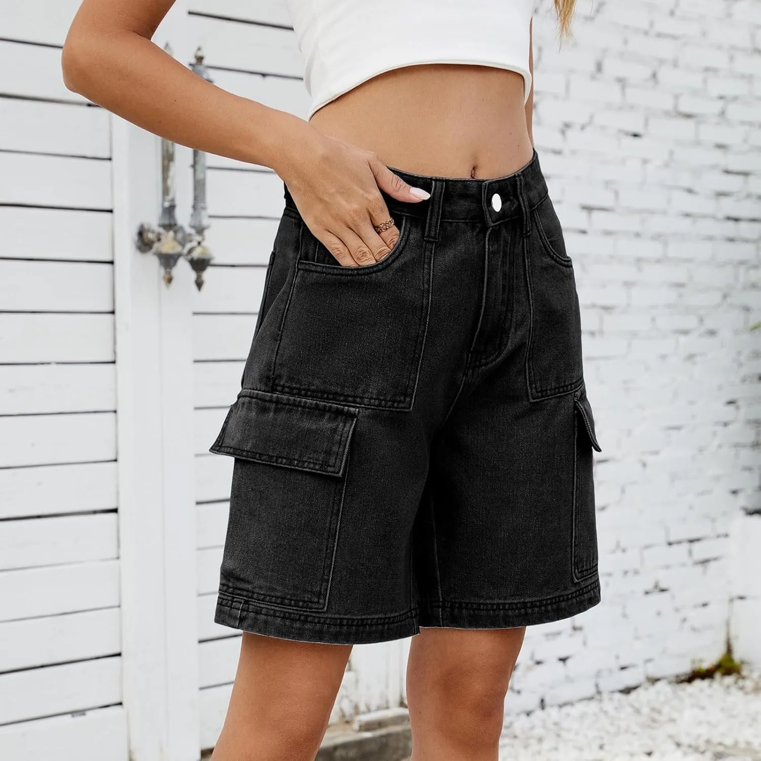 Bermuda Shorts for Women Casual High Waisted Jeans Pants Button Down Straight Leg Shorts with Pockets