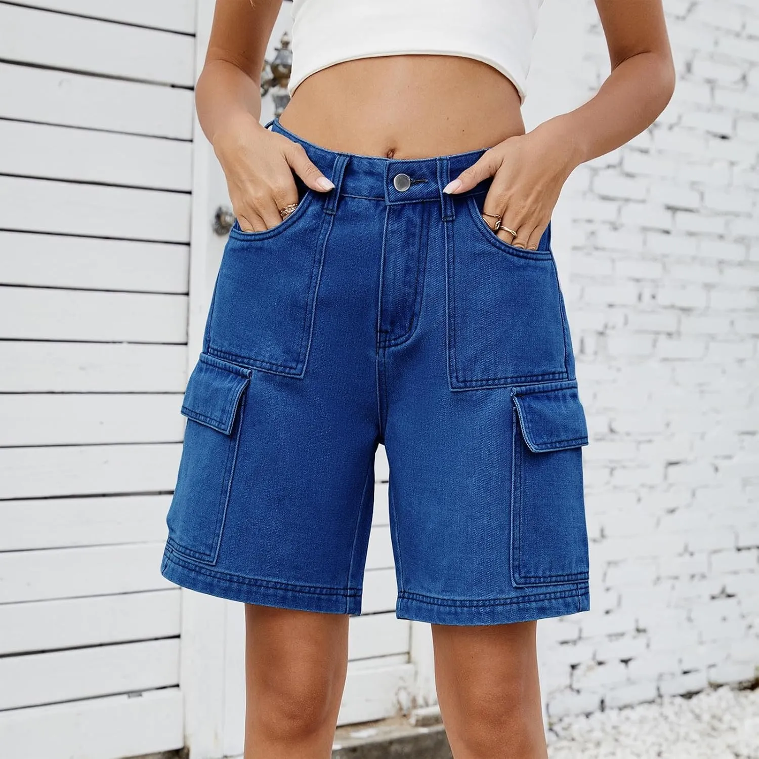 Bermuda Shorts for Women Casual High Waisted Jeans Pants Button Down Straight Leg Shorts with Pockets