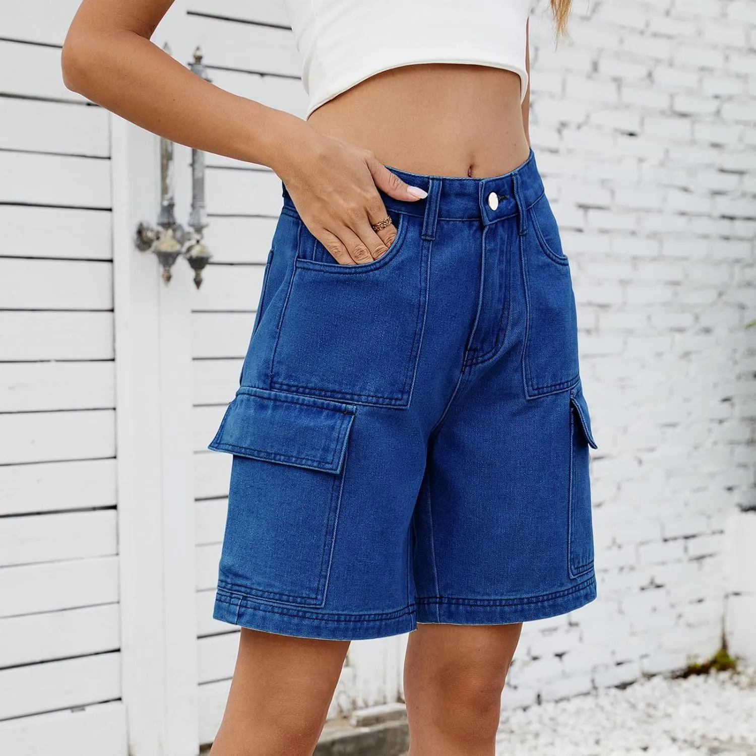 Bermuda Shorts for Women Casual High Waisted Jeans Pants Button Down Straight Leg Shorts with Pockets