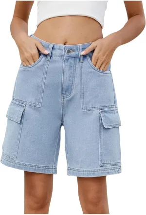 Bermuda Shorts for Women Casual High Waisted Jeans Pants Button Down Straight Leg Shorts with Pockets