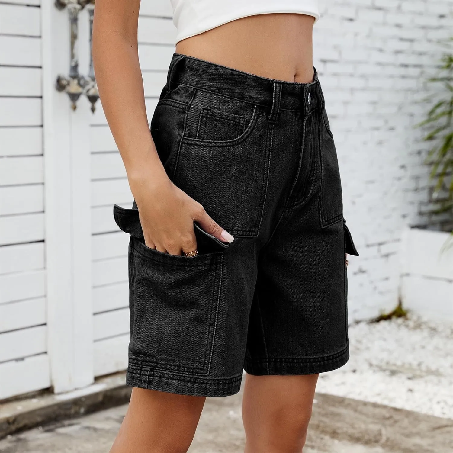 Bermuda Shorts for Women Casual High Waisted Jeans Pants Button Down Straight Leg Shorts with Pockets