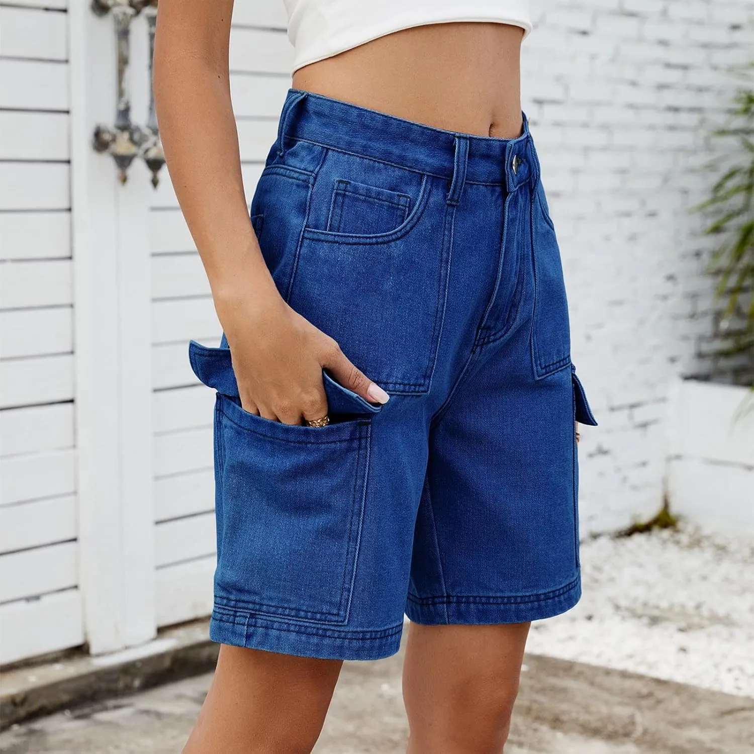 Bermuda Shorts for Women Casual High Waisted Jeans Pants Button Down Straight Leg Shorts with Pockets