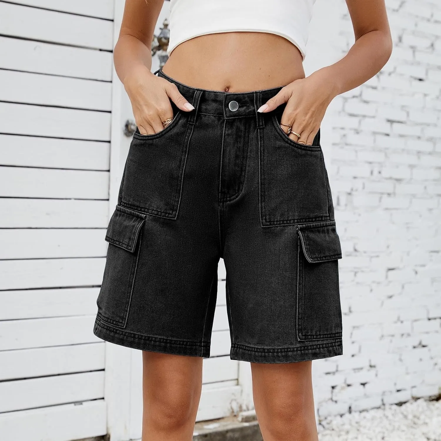 Bermuda Shorts for Women Casual High Waisted Jeans Pants Button Down Straight Leg Shorts with Pockets