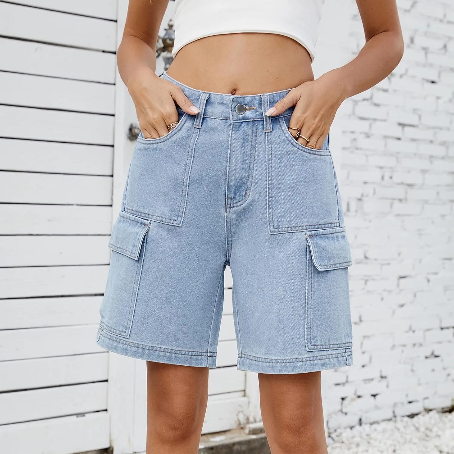 Bermuda Shorts for Women Casual High Waisted Jeans Pants Button Down Straight Leg Shorts with Pockets
