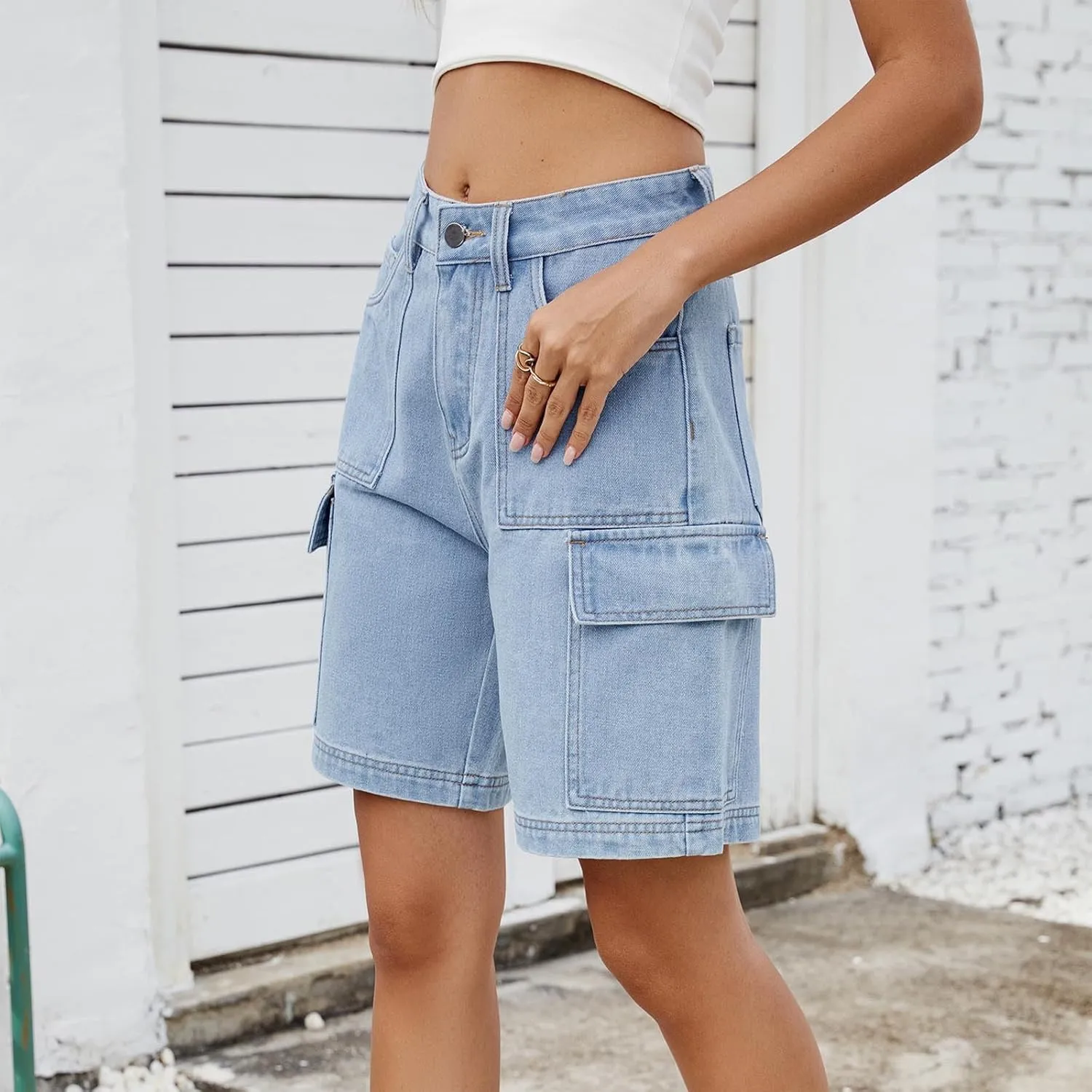 Bermuda Shorts for Women Casual High Waisted Jeans Pants Button Down Straight Leg Shorts with Pockets