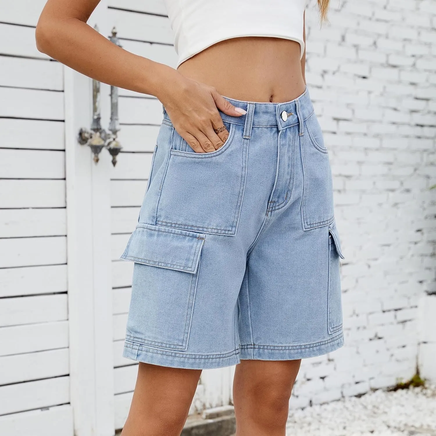 Bermuda Shorts for Women Casual High Waisted Jeans Pants Button Down Straight Leg Shorts with Pockets