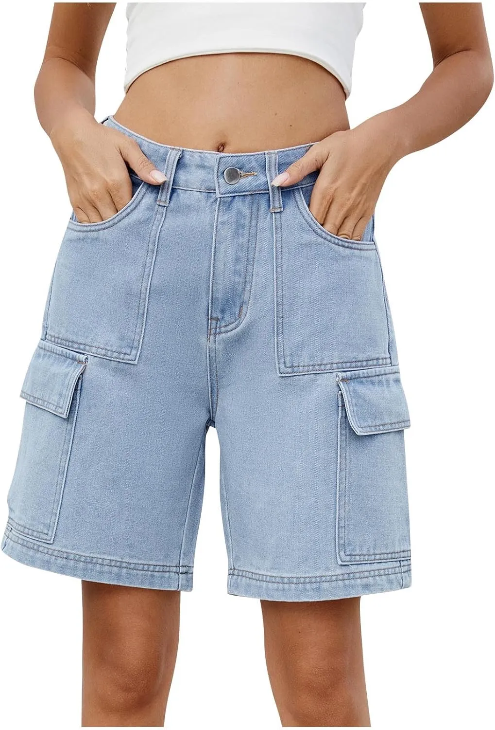 Bermuda Shorts for Women Casual High Waisted Jeans Pants Button Down Straight Leg Shorts with Pockets