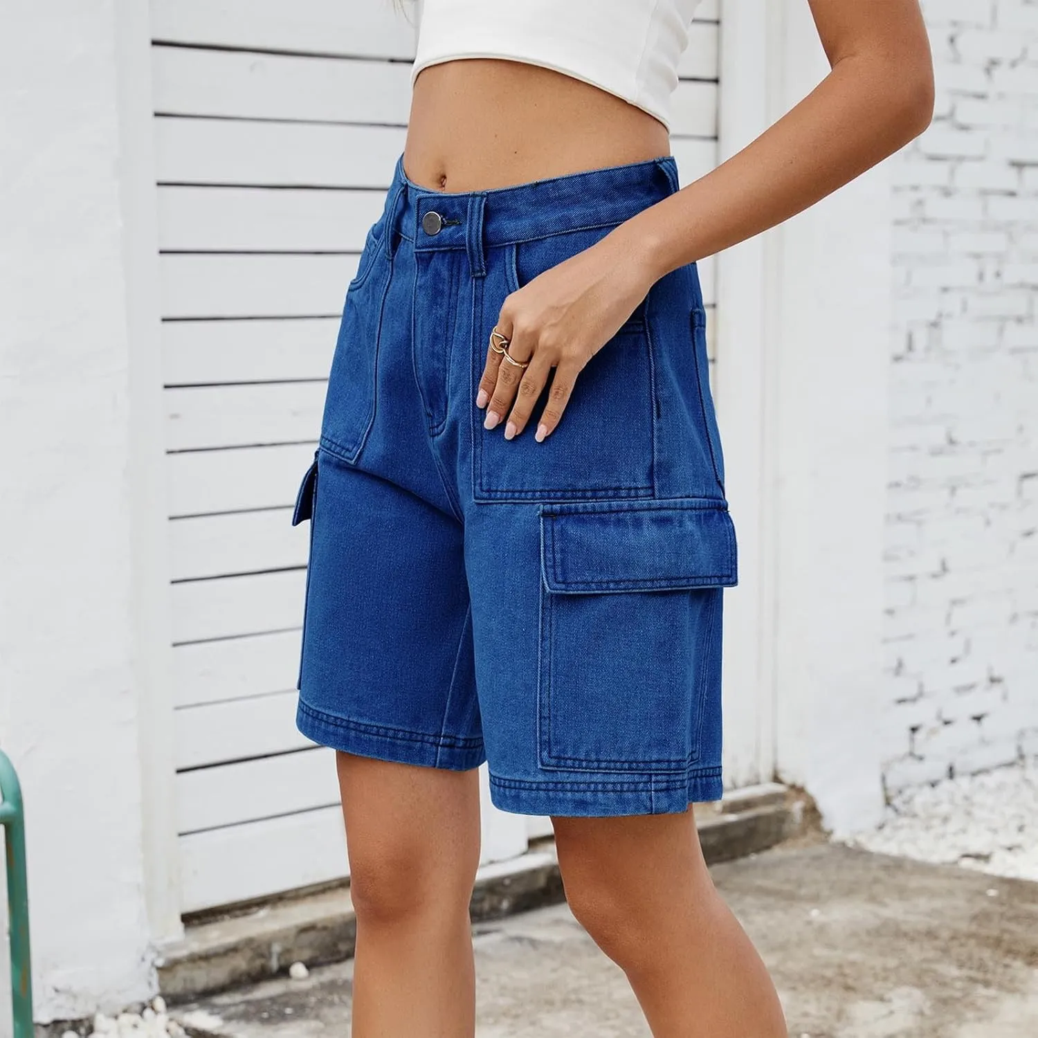 Bermuda Shorts for Women Casual High Waisted Jeans Pants Button Down Straight Leg Shorts with Pockets