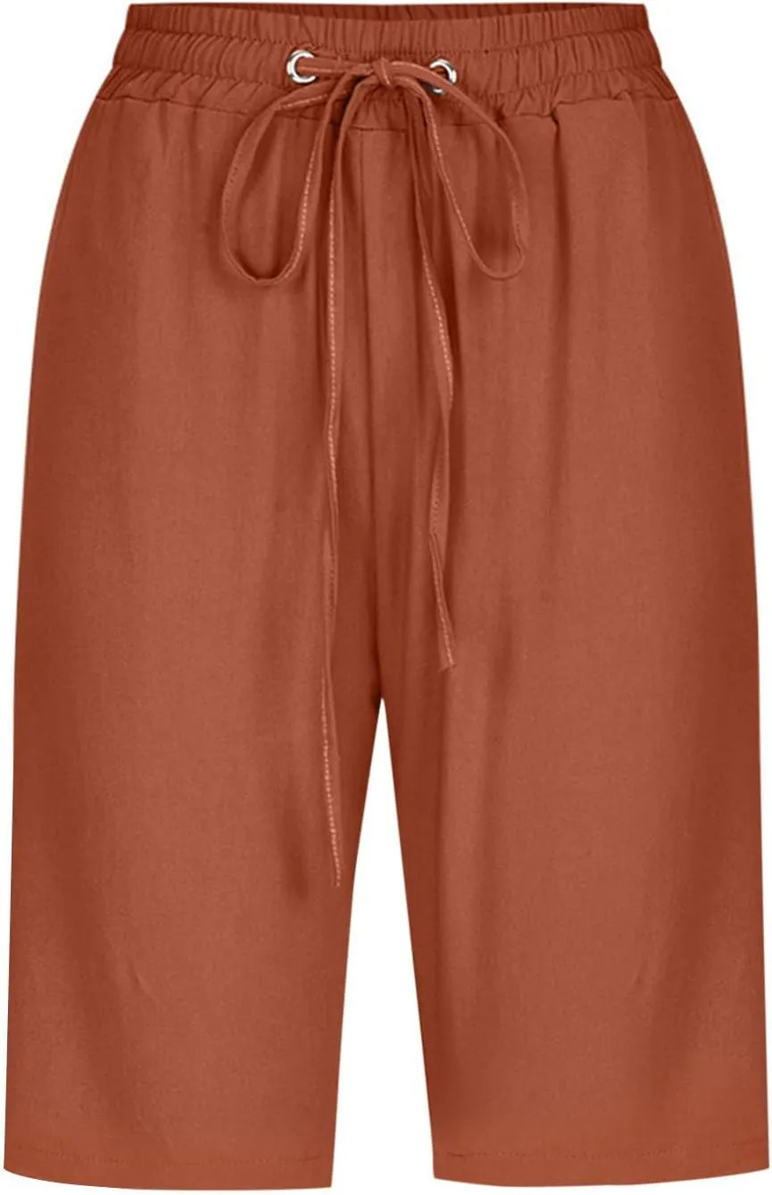 Bermuda Shorts for Women Elastic Drawstring High Waisted Outdoor Cargo Pants Casual Lightweight Hiking Pants