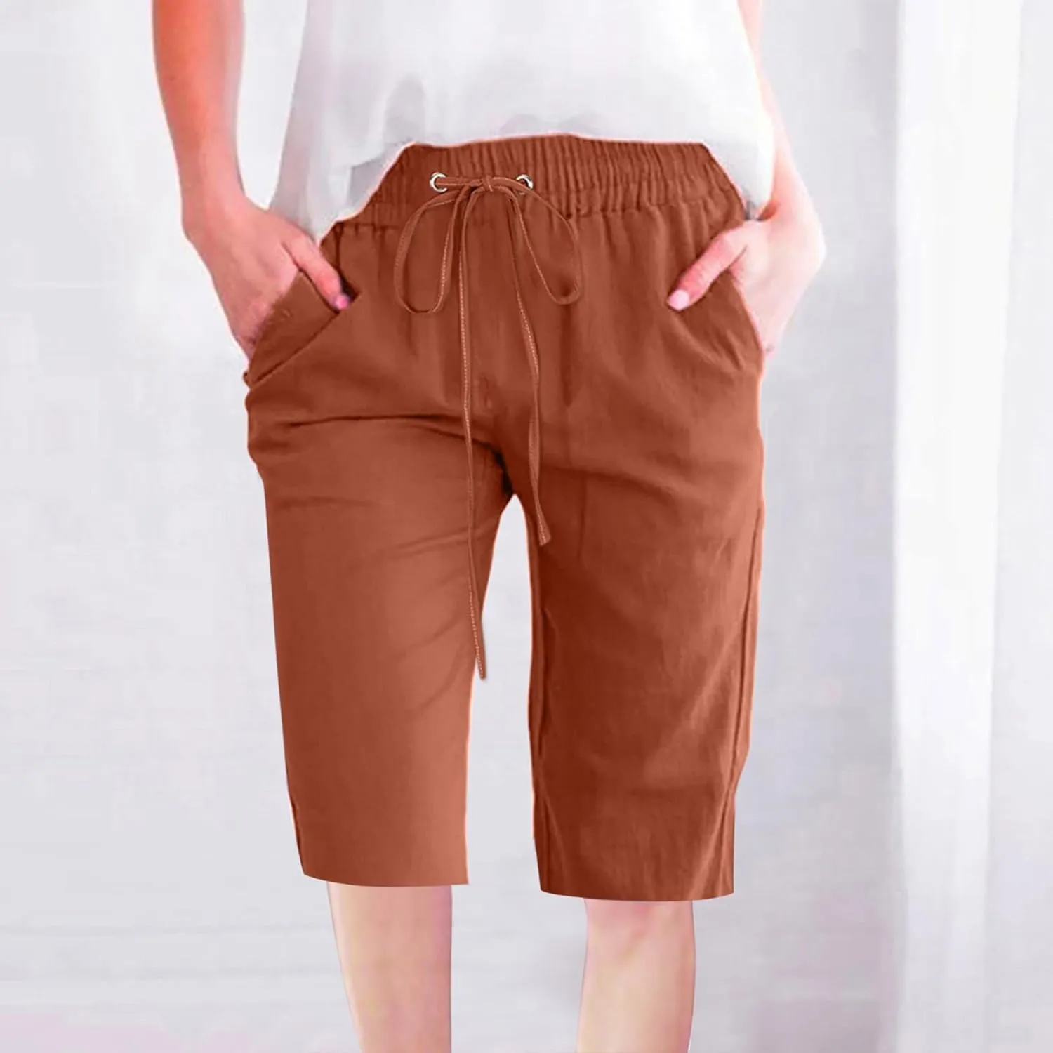 Bermuda Shorts for Women Elastic Drawstring High Waisted Outdoor Cargo Pants Casual Lightweight Hiking Pants