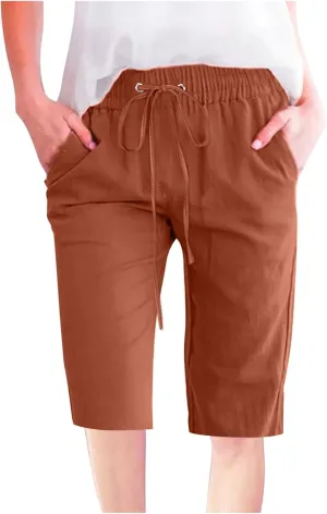 Bermuda Shorts for Women Elastic Drawstring High Waisted Outdoor Cargo Pants Casual Lightweight Hiking Pants