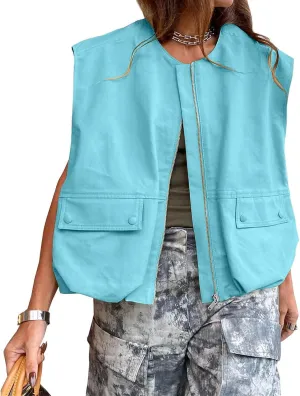 Blazers for Women Business Casual Sleeveless Zipper Tops Plus Size Fashion Cardigans with Pocket Summer Coat 2025