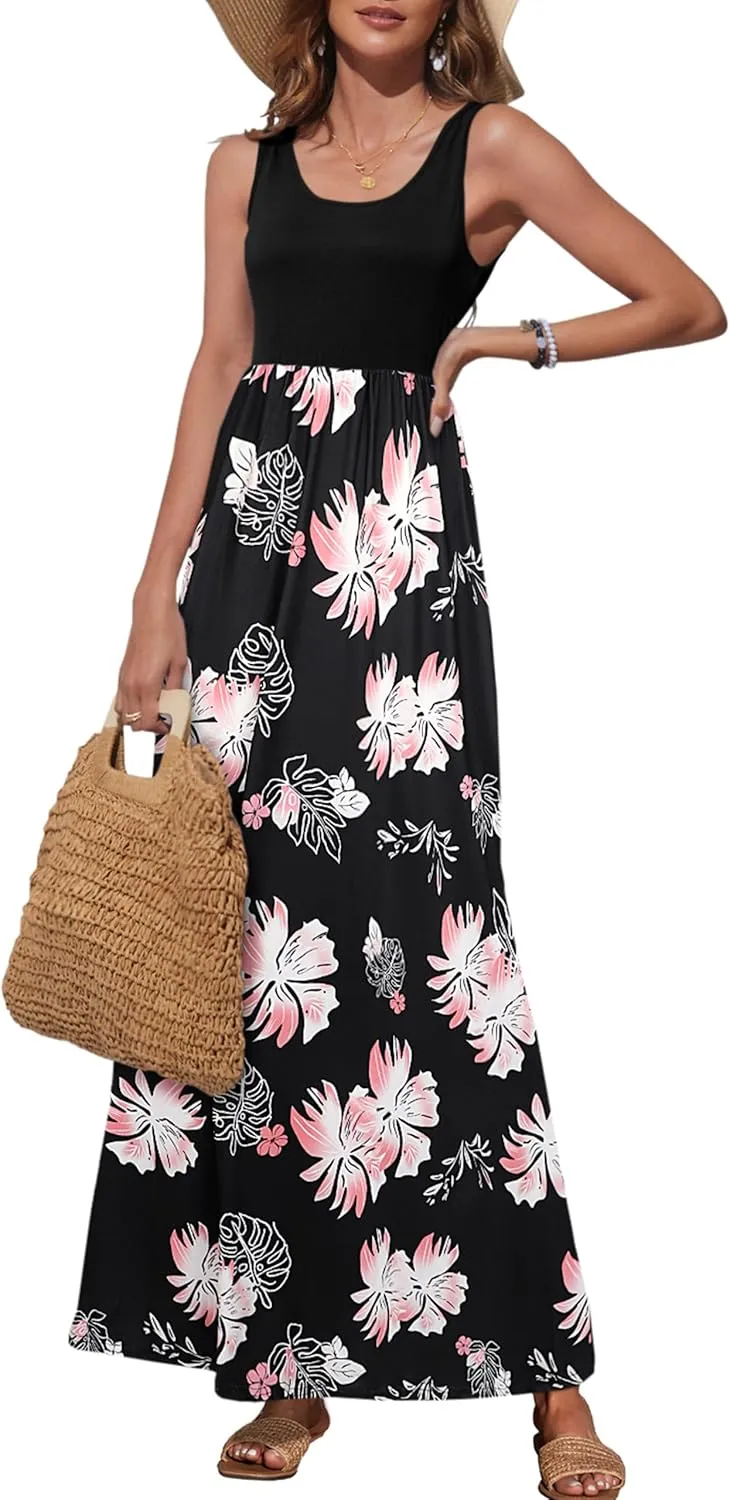 Bluetime Women's Summer Boho Sleeveless Floral Print Tank Long Maxi Dress (S-3XL)