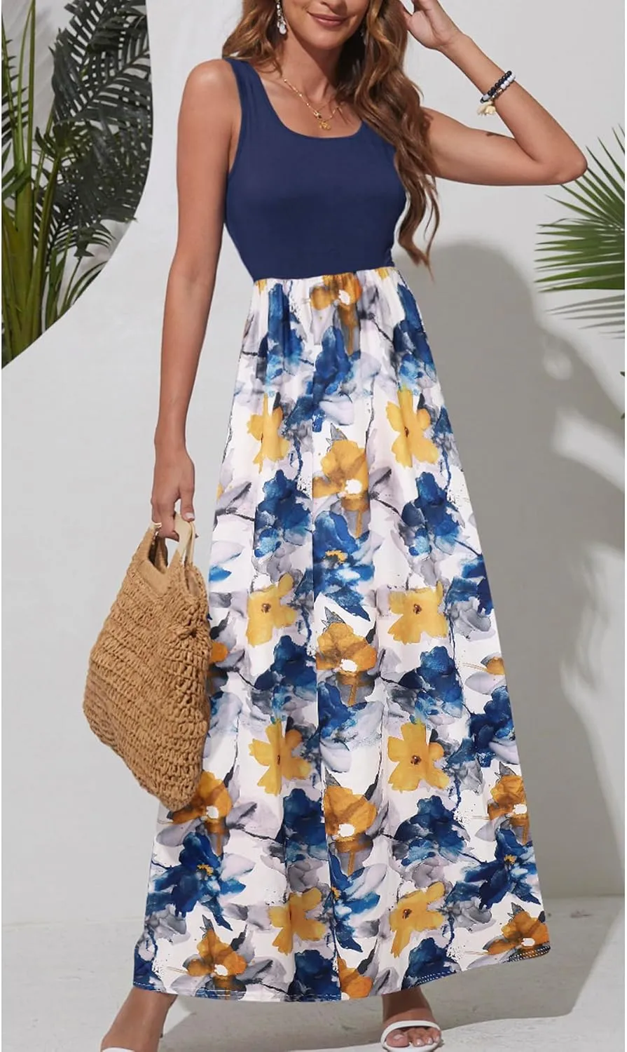 Bluetime Women's Summer Boho Sleeveless Floral Print Tank Long Maxi Dress (S-3XL)