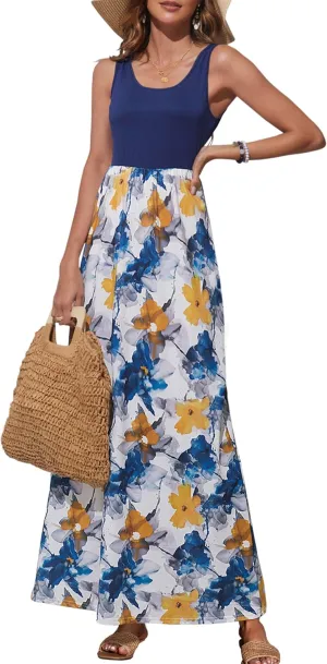 Bluetime Women's Summer Boho Sleeveless Floral Print Tank Long Maxi Dress (S-3XL)