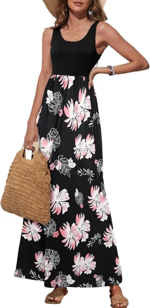 Bluetime Women's Summer Boho Sleeveless Floral Print Tank Long Maxi Dress (S-3XL)