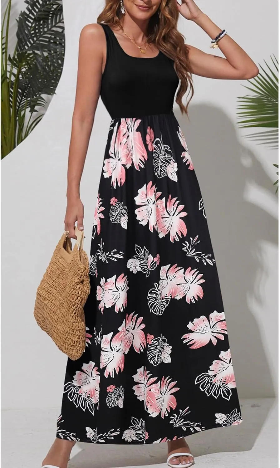 Bluetime Women's Summer Boho Sleeveless Floral Print Tank Long Maxi Dress (S-3XL)