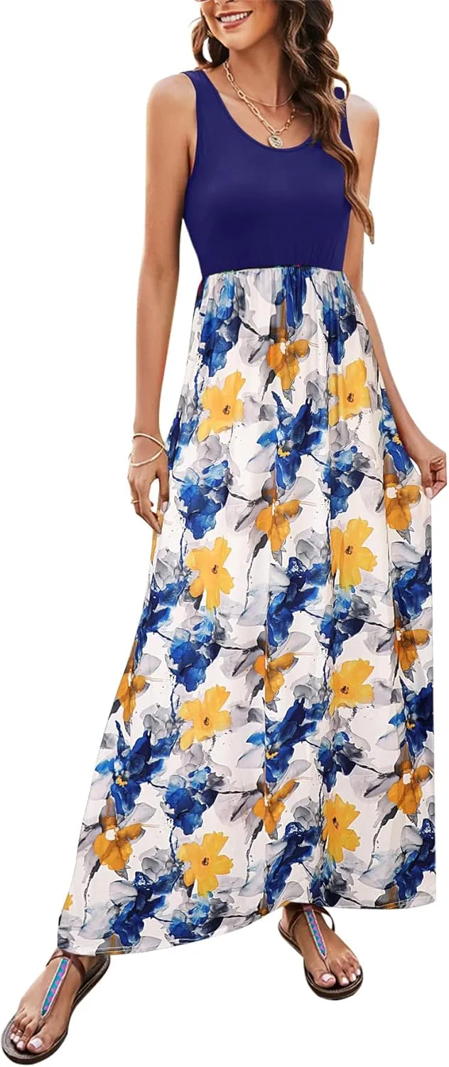 Bluetime Women's Summer Boho Sleeveless Floral Print Tank Long Maxi Dress (S-3XL)