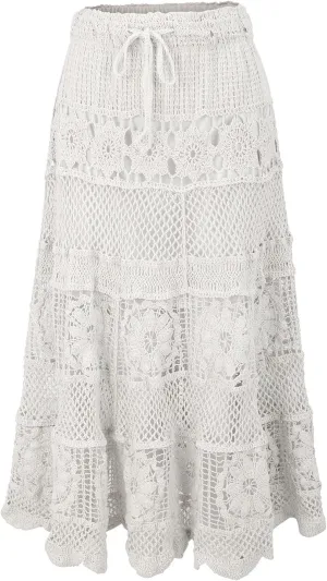 Boho Dresses for Women 2025 Elegant Hollow Stretchy Out Knit Flower Lace Summer Midi Skirts A-Line Maxi Dresses