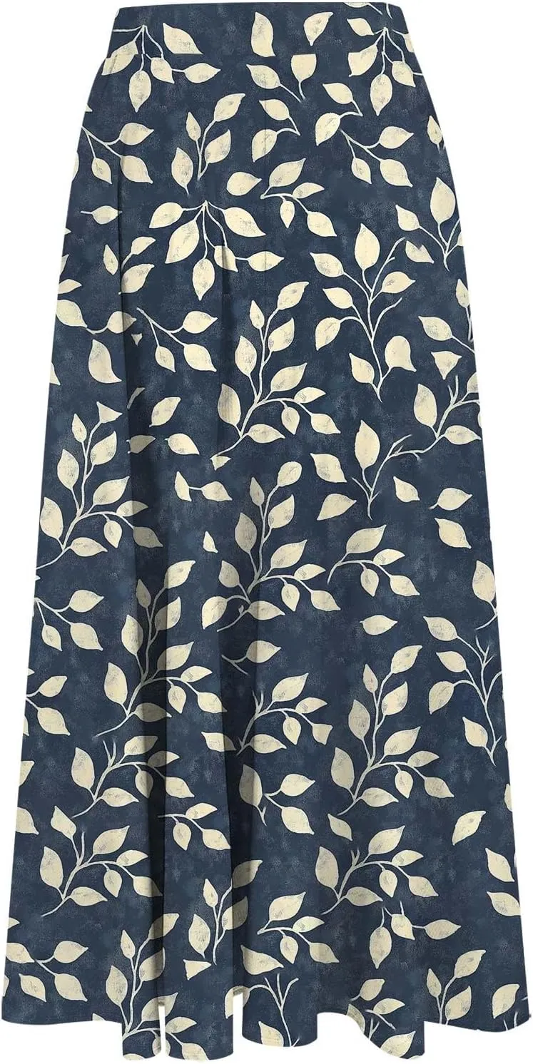Boho Floral Maxi Skirts for Women Summer Beach Vacation A-Line Pleated Long Skirts Elastic High Waisted Flowy Skirt