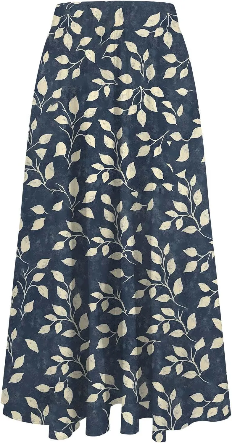 Boho Floral Maxi Skirts for Women Summer Beach Vacation A-Line Pleated Long Skirts Elastic High Waisted Flowy Skirt