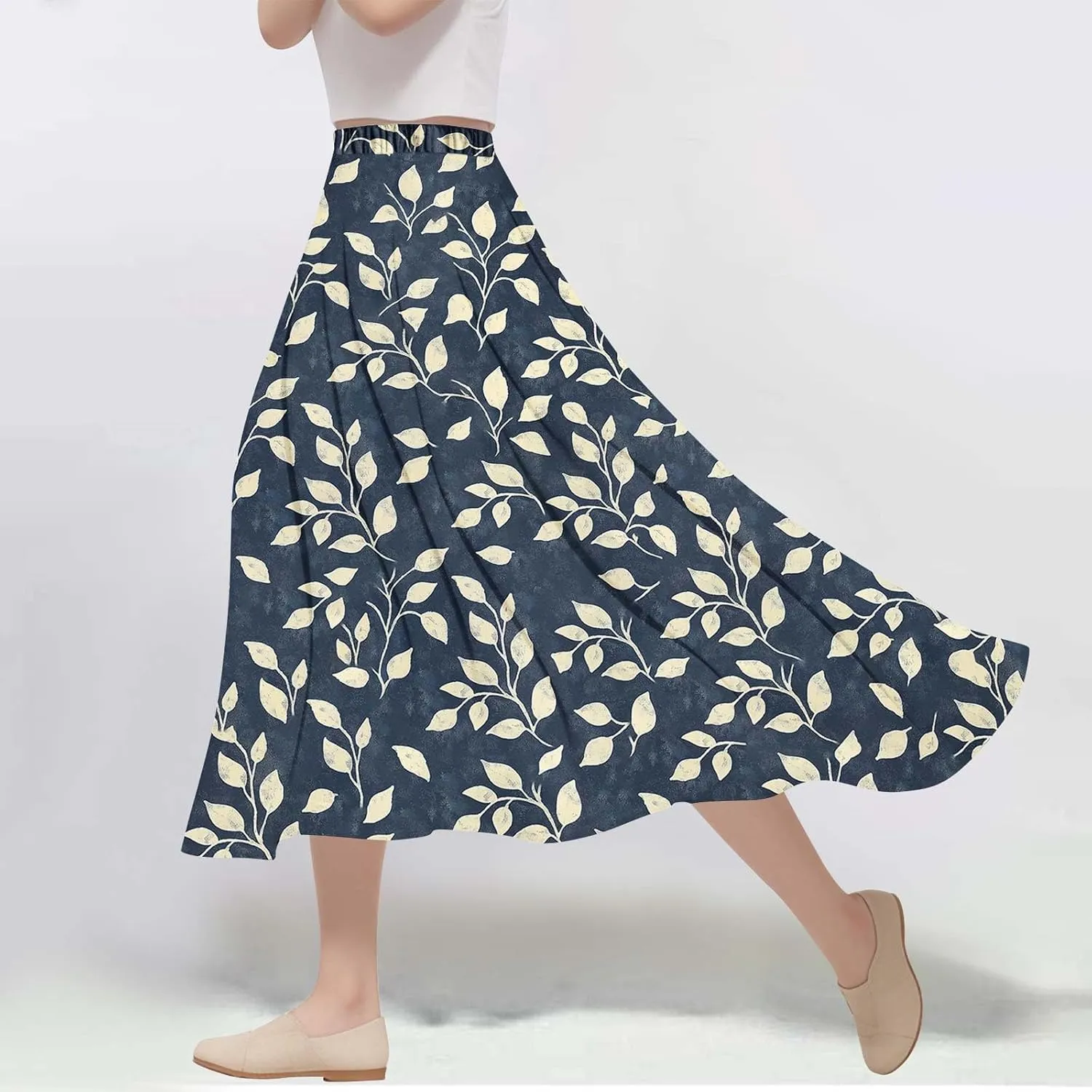 Boho Floral Maxi Skirts for Women Summer Beach Vacation A-Line Pleated Long Skirts Elastic High Waisted Flowy Skirt