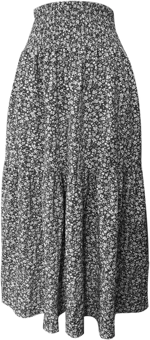 Boho Floral Maxi Skirts Women Elastic High Waist Tiered Pleated Flowy Long Summer Casual Beach Skirt