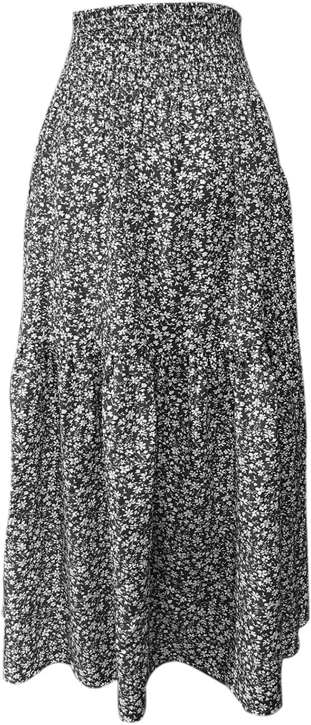 Boho Floral Maxi Skirts Women Elastic High Waist Tiered Pleated Flowy Long Summer Casual Beach Skirt